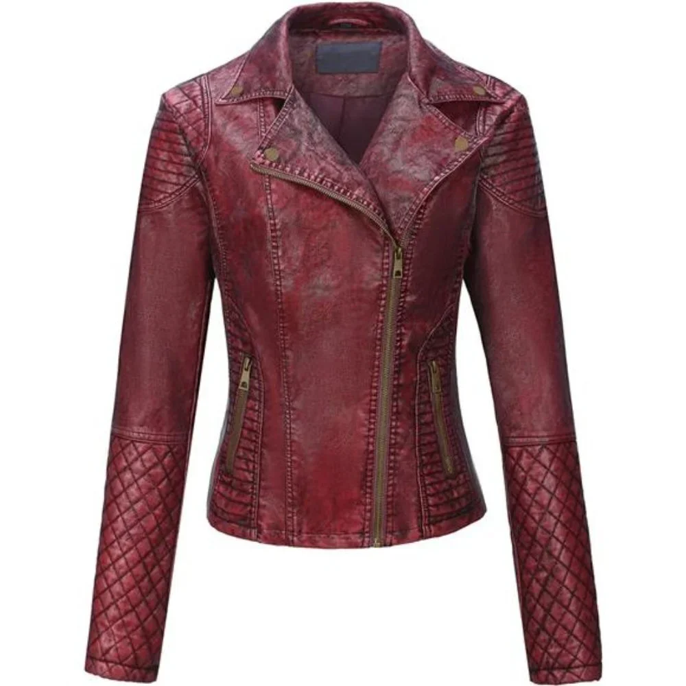 Red Faux‎ Leather Moto Jacket Fitted Quilted Bomber Motorcycle Biker Jacket Coat